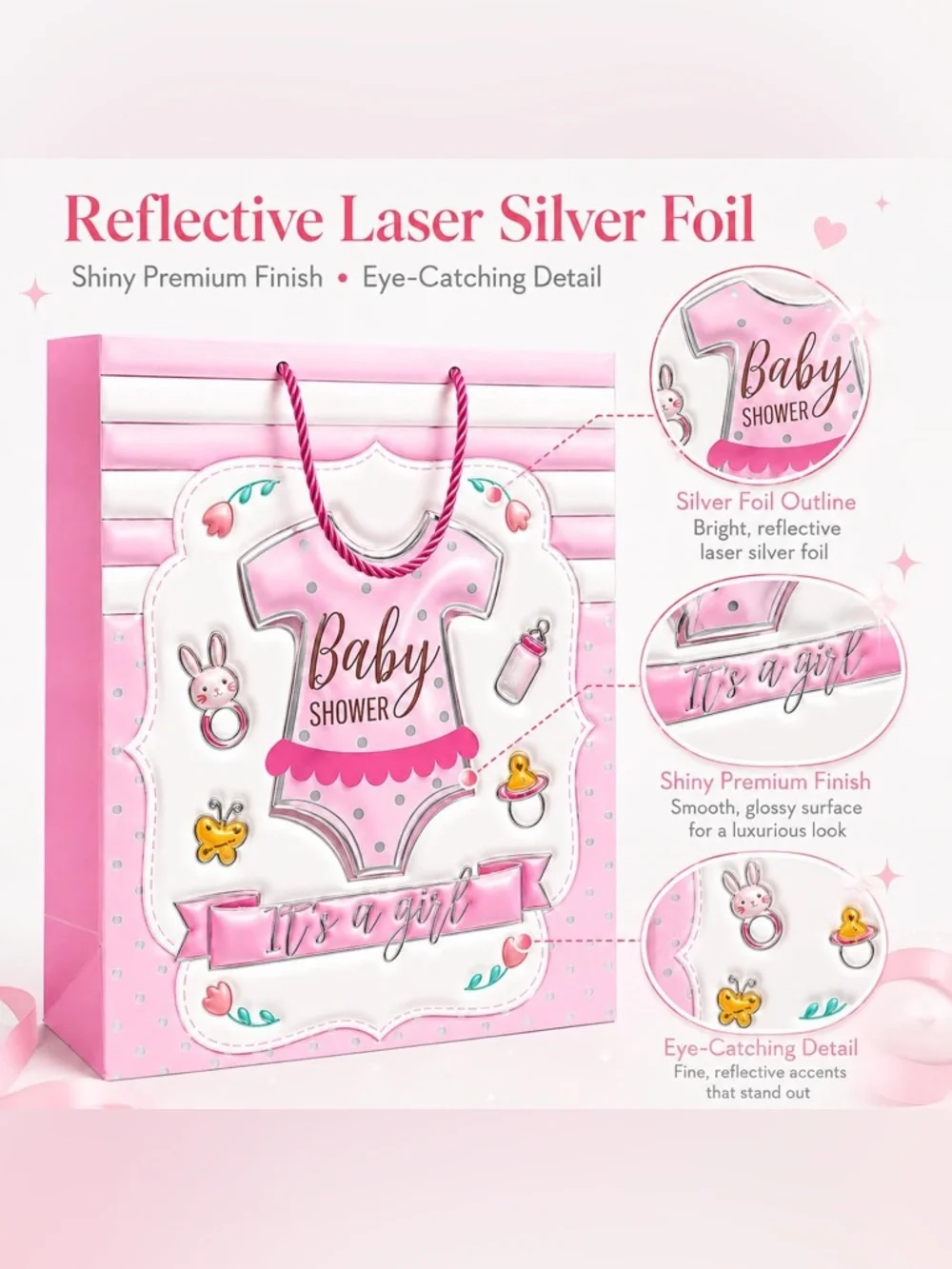 Baby Girl Foil Onesie Gift Bag – Pink Design with Tissue & Card